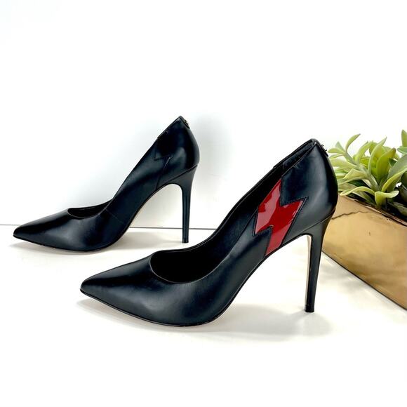 Cosmoparis Stiletto Heel Pump Sz 8 Black & Red Leather Closed Pointed Toe Padded - Picture 2 of 16